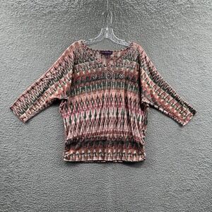 Women L Boho Festival Aztec Embellished Knit Top V Neck Artsy Southwestern Indie